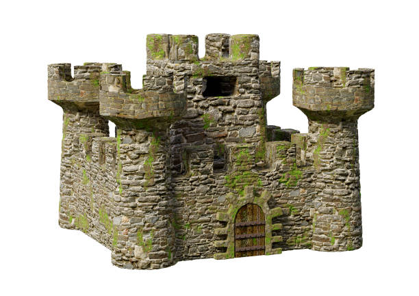 castelo feudal medieval da fortaleza com torres para a fiscalização isolada sobre o fundo branco - feudalism - fotografias e filmes do acervo