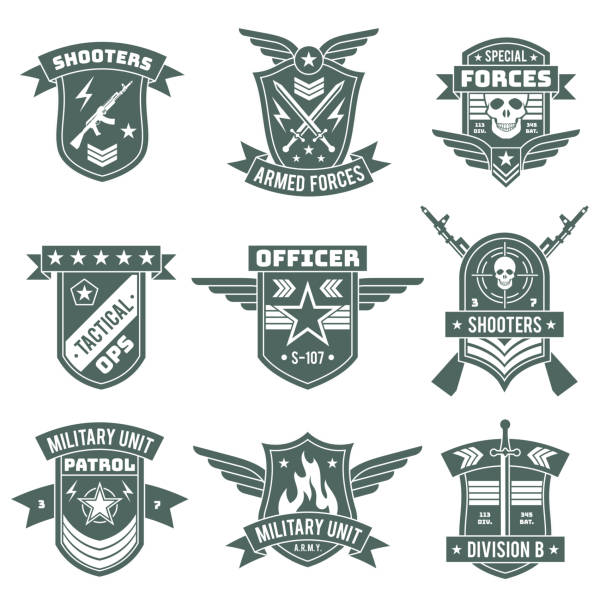 illustrations, cliparts, dessins animés et icônes de insignes militaires. patchs de l'armée, chevron de broderie avec ruban et étoile, pistolet et crâne. étiquette de vêtement de soldat de cru, conception de vecteur de t-shirt - army air corps