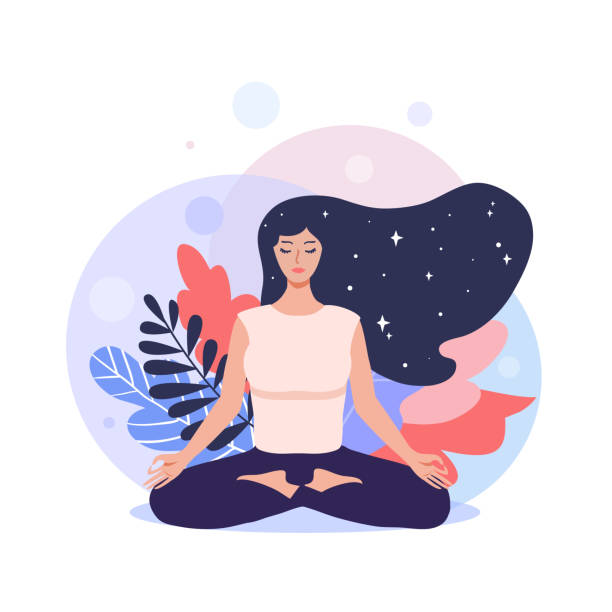 Meditation concept illustration. Meditation concept. Pretty yoga woman in lotus pose.  Vector illustration. cross legged illustrations stock illustrations