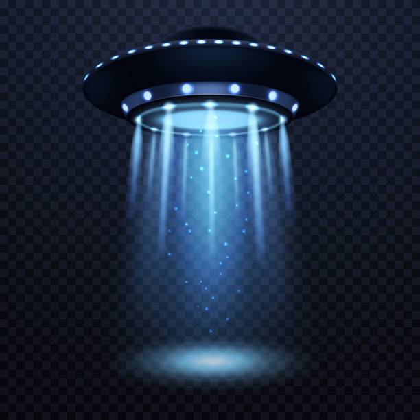 illustrazioni stock, clip art, cartoni animati e icone di tendenza di ufo. astronave aliena realistica con fascio di luce blu, futuristica fantascienza non identificata veicolo spaziale isolato illustrazione vettoriale 3d - alien mystery space military invasion