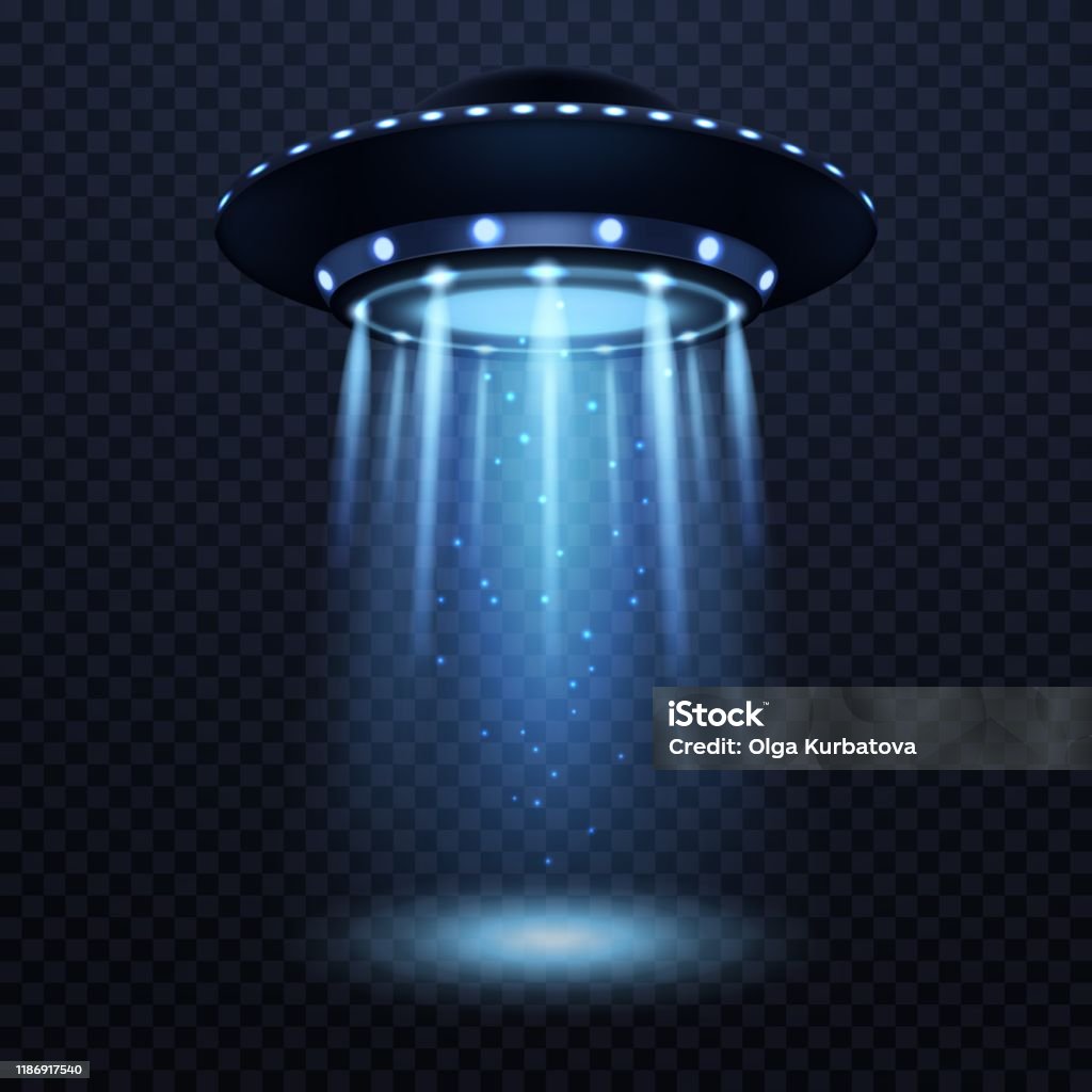 Ufo. Realistische buitenaardse ruimteschip met blauwe lichtstraal, futuristische Sci Fi ongeïdentificeerde ruimtevaartuig geïsoleerd 3D vector illustratie - Royalty-free UFO vectorkunst