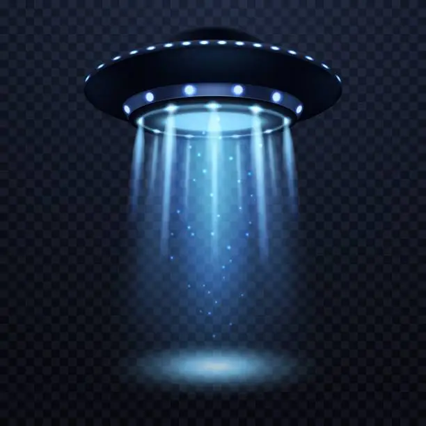 Vector illustration of UFO. Realistic alien spaceship with blue light beam, futuristic sci fi unidentified spacecraft isolated 3d vector illustration