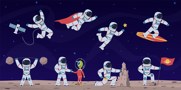 Astronaut. Cute astronauts working in space with equipment and spaceship, greeting alien and flying in starry sky cartoon vector stratosphere rocket travelling character