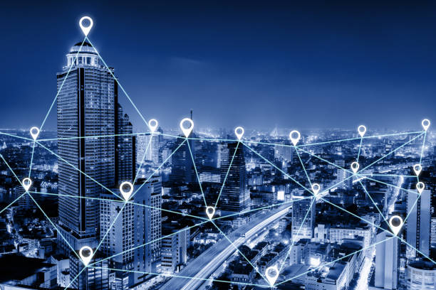 istock Communication GPS Connectivity Network Intelligent System Concept, Data Searching and Social Location GPS Pin Application With Polygon Connection Line on City Downtown. Technology Infrastructure 1186918225