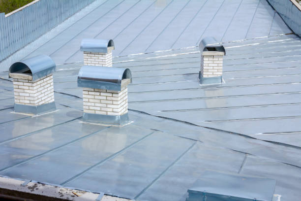 istock Chimney made of white bricks, roof ventilation system 1186918933