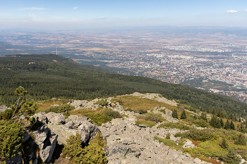 Amazing panorama of city of Sofia from Kamen Del Peak at Vitosha Mountain, Bulgaria