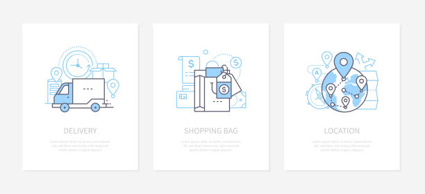 Goods shipping - line design style icons set Goods shipping - line design style icons set. Global delivery service, shopping bag, location linear banners with text space. Product shipment, logistics and distribution infographic elements global logistics infographic stock illustrations