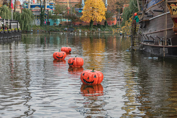Copenhagen, Denmark, October 25, 2019: Tivoli Gardens opens every year for Halloween with friendly ghosts, spiders, scarecrows and over 20,000 pumpkins that provide the setting for Garden’s atmospheric autumn season.