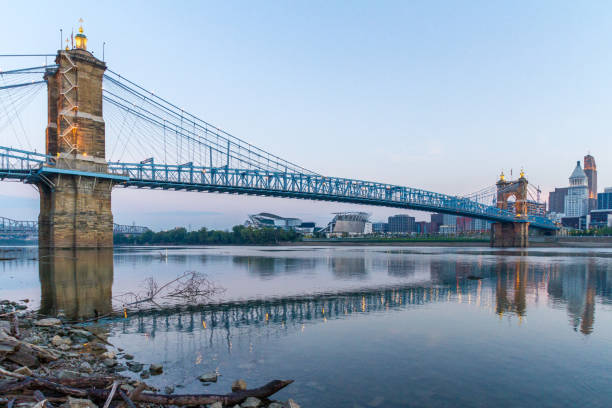 Early-morning view of the John A. Roebling Suspension Bridge over the Ohio River, connecting Covington, Kentucky to Cincinnati.