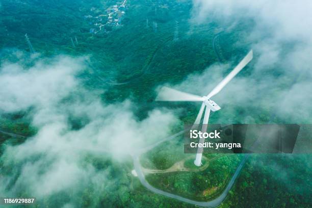 Wind Power Station On The Mountain Stock Photo - Download Image Now - Sustainable Resources, Climate Change, Fuel and Power Generation