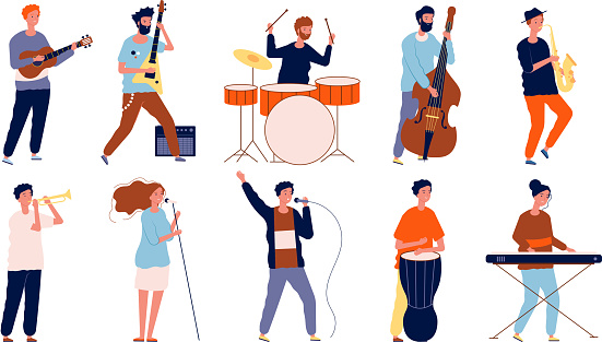 Musicians characters. Creative performing peoples in different poses playing at musical instruments and singing. Vector musicians. Man with instrument, concert musical performance illustration