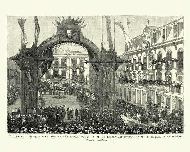 Vintage engraving of Reception of De Lesseps Panama, 19th Century.