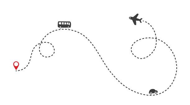 illustrations, cliparts, dessins animés et icônes de plusieurs voies de transport sur la route. trajectoire de vol d'avion avec la ligne de tableau de bord et la trace de ligne de tableau de bord. graphismes de bus, d'avion et de voiture - map road trip