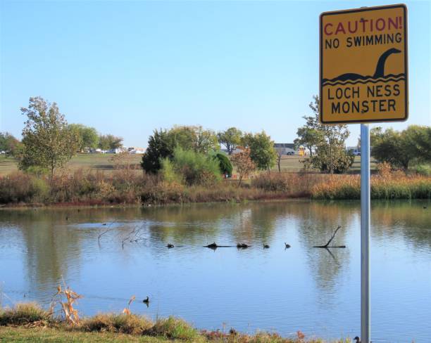 sign, no swimming - humorous sign, no swimming - humorous "Loch Ness Monster" with little stick in water shaped like mythical creature christine kohler stock pictures, royalty-free photos & images