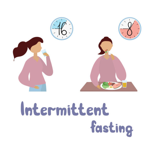 intermittierendes fastenkonzept. methode, gewicht zu verlieren und den stoffwechsel zu beschleunigen. schema 8/16, achtstündiges essensfenster. mädchen trinkt wasser für sechzehn stunden, essen gesunde nahrung für acht stunden. vektor flache illustrati - child jumping vegetable food stock-grafiken, -clipart, -cartoons und -symbole