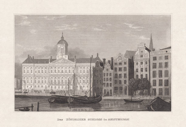 Royal Palace of Amsterdam, Netherlands, steel engraving, published in 1857 Historical view of the Royal Palace of Amsterdam, Netherlands. Steel engraving, published in 1857. dutch baroque architecture stock illustrations