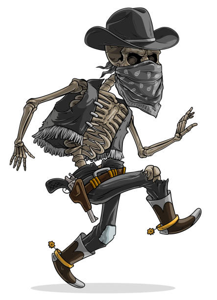 Cartoon human skeleton in balck mask with pistol Cartoon detailed realistic colorful scary human skeleton with skull in cowboy hat and mask with pistol. Isolated on white background. Vector icon. balck stock illustrations
