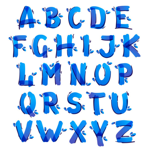 Ecology alphabet with blue water drops handwritten with a felt-tip pen. Vector marker font can be used for eco friendly, vegan, bio, raw, organic template. marker font alphabet stock illustrations