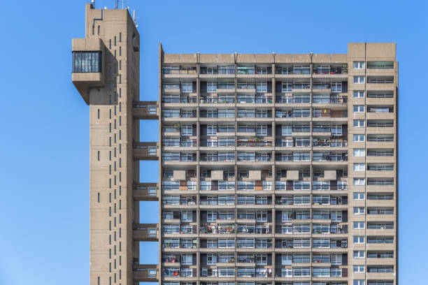 London high rise trellick tower block showing exterior and balconies Facade of a Brutalist style tower block, trellick tower, in London trellick tower stock pictures, royalty-free photos & images