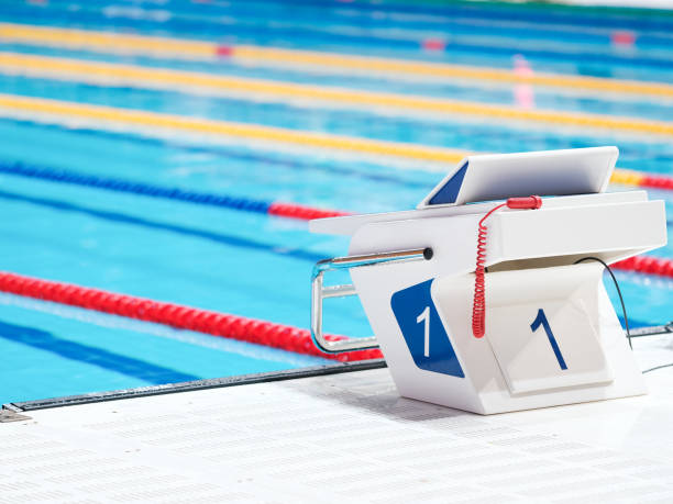 istock Swimming pool with starting block. Sport facility. Side view. 1186939749