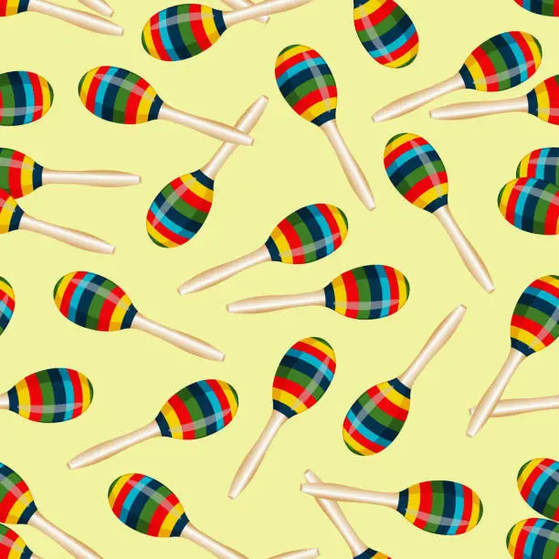 Vector illustration of Seamless pattern with striped Mexican maracas. Mariachi music wallpaper. Vector