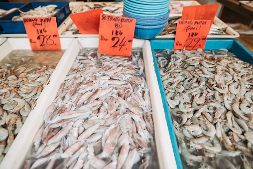 fresh prawn and squid can be find on morning wet market