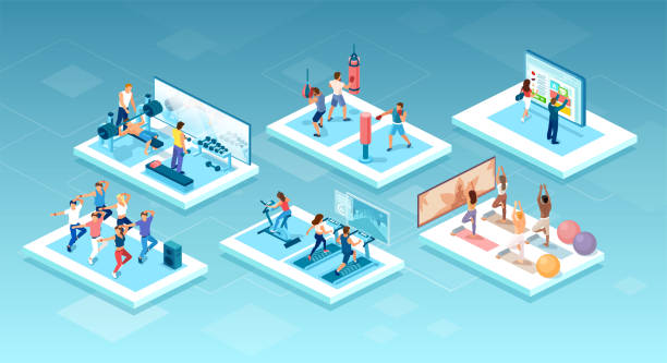 ilustrações de stock, clip art, desenhos animados e ícones de isometric vector of people doing different workouts at the gym, fitness center - healthy lifestyle men boxing dumbbell