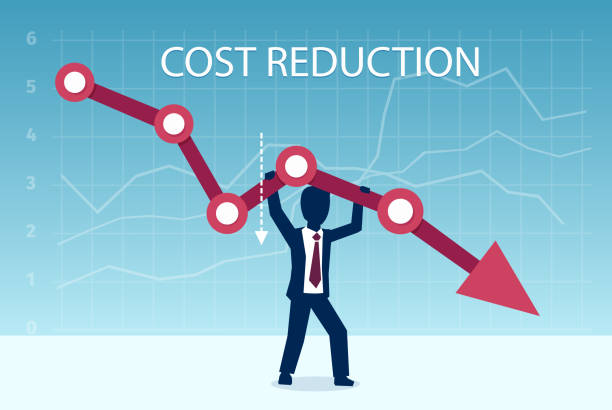 Vector of a businessman pulling down an arrow of the graph. Cost reduction concept. Vector of a businessman pulling down an arrow of the graph. budget cuts stock illustrations