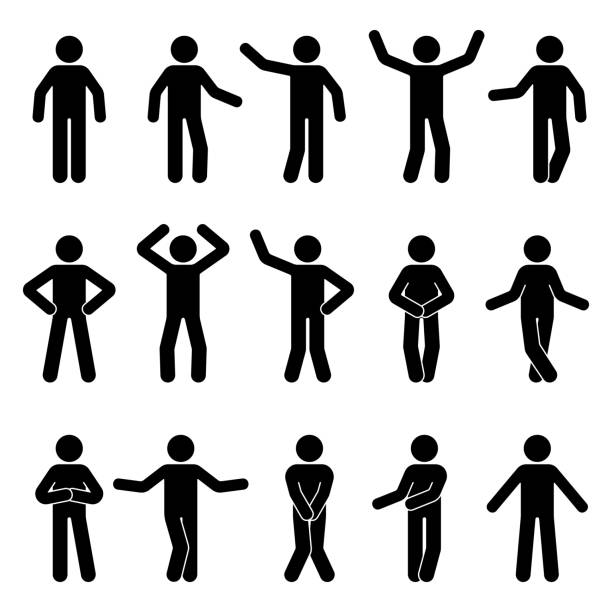 Stick figure man standing front view different poses vector icon pictogram set. Black and white cut out people human silhouette on white background Stick figure man standing front view different poses vector icon pictogram set. Black and white cut out people human silhouette on white background bathroom silhouettes stock illustrations
