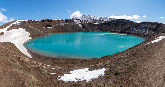 Viti crater geothermal lake and Oskjuvatn lake in Askja caldera, highlands of Iceland