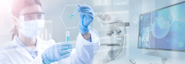 scientific research concept background scientist holding a test tube in a scientific background science research stock pictures, royalty-free photos & images