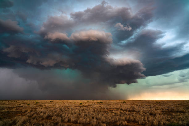Supercell thunderstorm with dramatic clouds stock photo