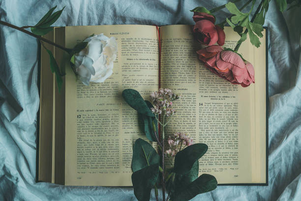 istock The open Bible with pastel flowers around it 1186946388