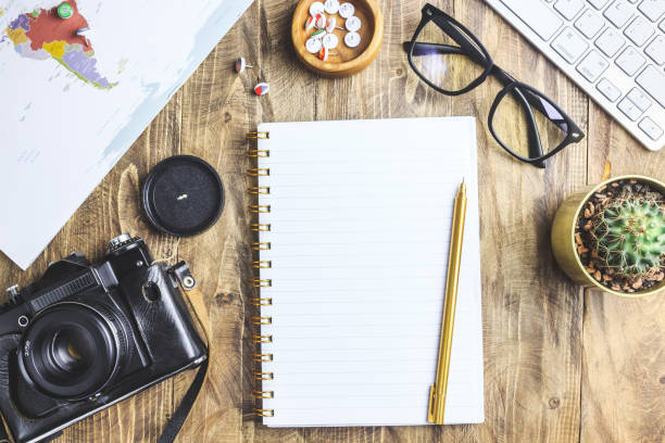 istock World map, pins with flags, retro camera, sunglasses, notepad, flower. Flat lay vacation travel planning composition. Travel photographer concept. 1186946554