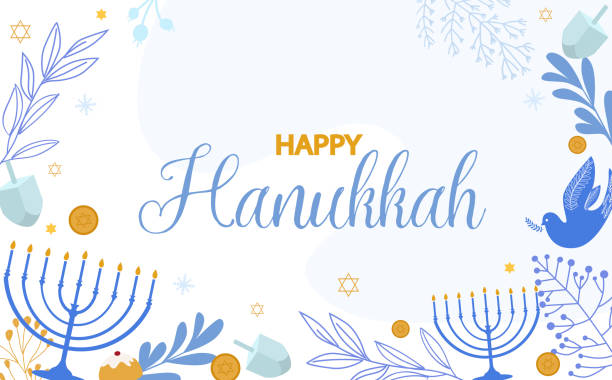 illustrazioni stock, clip art, cartoni animati e icone di tendenza di illustrazione di happy hanukkah, sfondo tradizionale delle vacanze del festival ebraico delle luci. - hanukkah menorah dreidel judaism