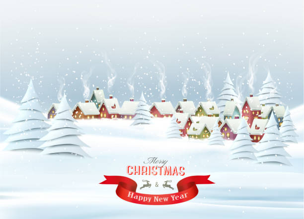 istock Holiday Christmas background with a a winter village and  a white trees. Vector. 1186946973