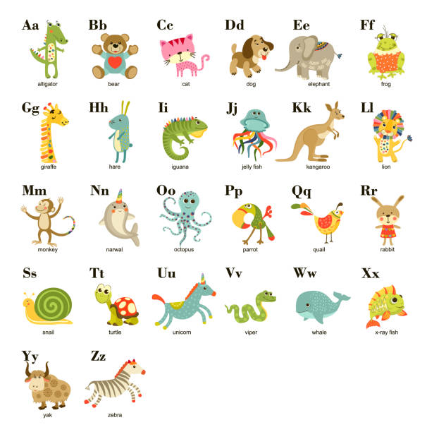 Cute vector cartoon baby animals alphabet on white background. Vector illustration for kids education,  language study. Children pattern with animals and letters. Cute vector cartoon baby animals  english alphabet on white background. Vector illustration for kids education,  language study. Children pattern with animals and letters. kid goat stock illustrations