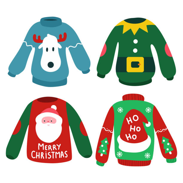 ilustraciones, imágenes clip art, dibujos animados e iconos de stock de jersey de navidad con reno, elfo, cabeza de santa y sombrero dibujos animados vectoriales aislados sobre un fondo blanco. - new wool