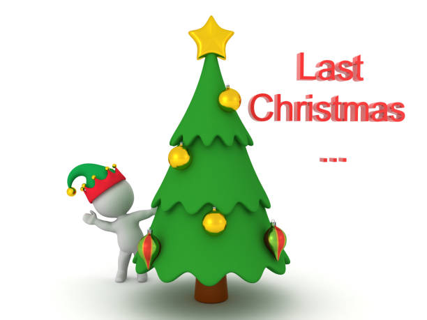 istock 3D Character and 3D Text saying Last Christmas next to Christmas tree 1186949630