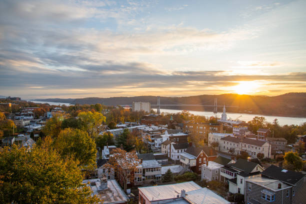 Sunset in the Hudson River Aerial view of a sunset in the Hudson hudson stock pictures, royalty-free photos & images