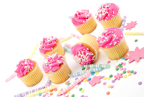 Birthday party background with cupcake and pink lemonade