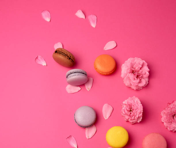 istock multi-colored macarons with cream and a pink rose bud with scattered petals 1186953496