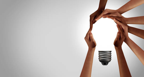 Team Thinking Together Team thinking together as a diverse group of people coming together joining hands into the shape of an inspirational light bulb as a community support metaphor with 3D elements. concepts and ideas stock pictures, royalty-free photos & images
