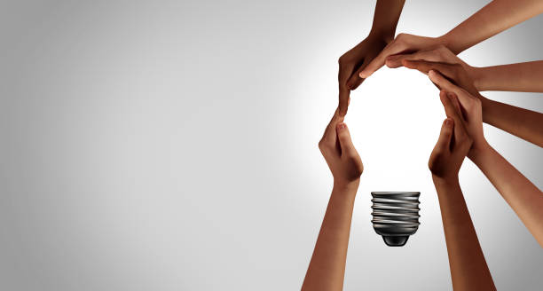 Team Thinking Together Team thinking together as a diverse group of people coming together joining hands into the shape of an inspirational light bulb as a community support metaphor with 3D elements. simile pic stock pictures, royalty-free photos & images
