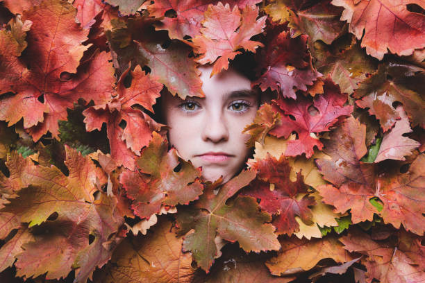 istock Beautiful child under fall leaves. 1186954575