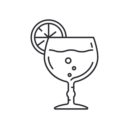 Line wineglass, tropical cocktail cup, toast icon. Binge, drink, champagne wine. Party celebration, holidays event, carnival element. Vector linear design. Illustration vintage object. Adult symbols