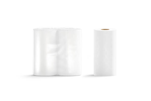 Blank white paper towel transparent pack mock up stand, isolated Blank white paper towel transparent pack mock up stand, isolated, 3d rendering. Empty single napkin with bumph package mockup, front view. Clear porous absorbent for cleasne mokcup template. papery stock pictures, royalty-free photos & images