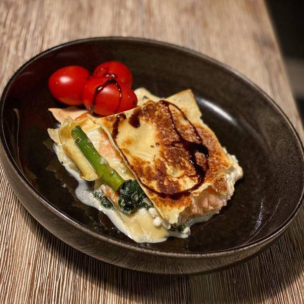 istock Salmon lasagna with asparagus and spinach. 1186959074