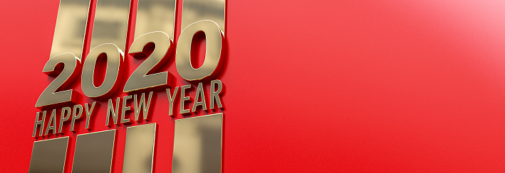 3D rendering, golden sign on red with Happy New Year 2020 message