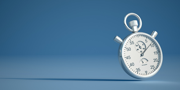 3D rendering of a retro silver stopwatch on a blue background